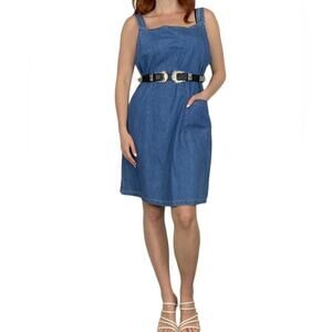 Vintage 90s Large Medium Wash Chambray Cotton Denim Sleeveless Mini Summer Dress